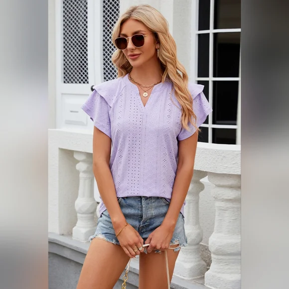 Eyelet Notched Short Sleeve T-Shirt Top - Picture 2 of 5